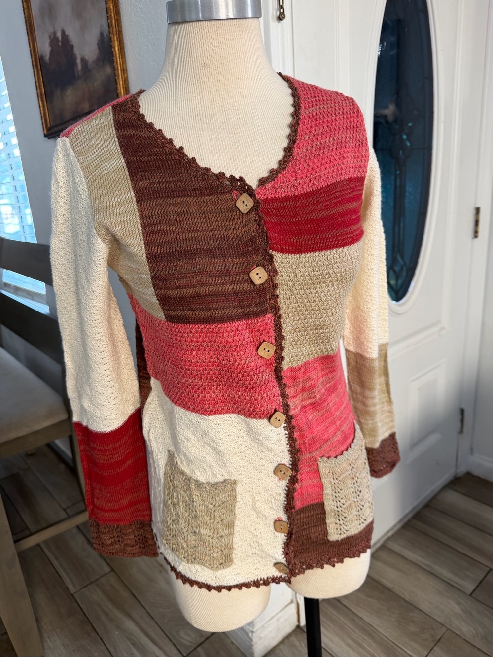 Vintage The Tog Shop Knit Patchwork Cardigan Sweater Small Grannycore 90s Y2K